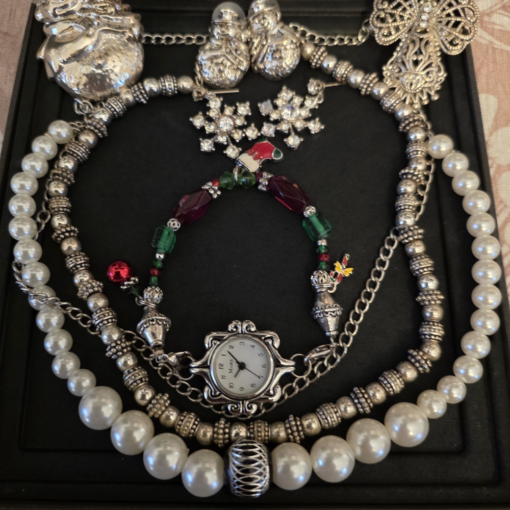 Elegant Silver and Pearl Bracelet with Watch
